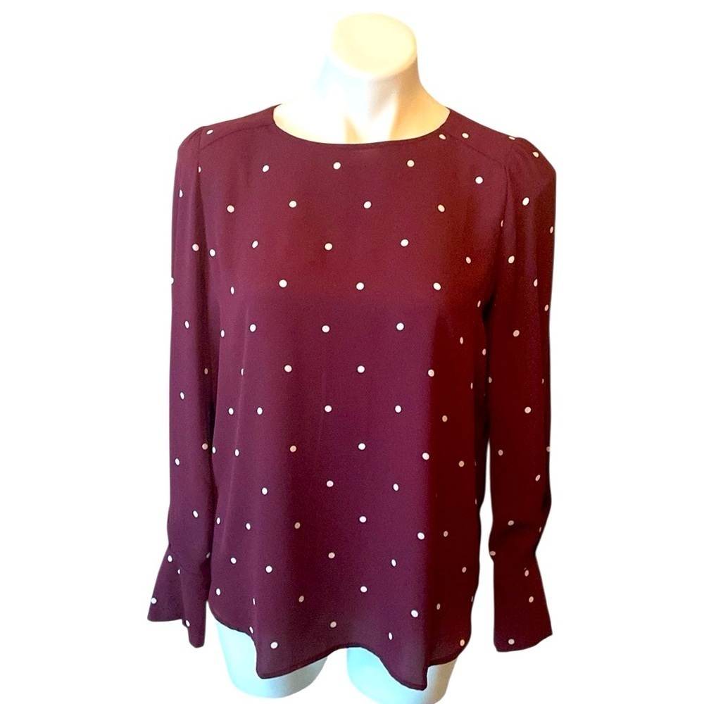 LOFT Maroon Long Sleeve Blouse With White Polka Dots Size Small Office